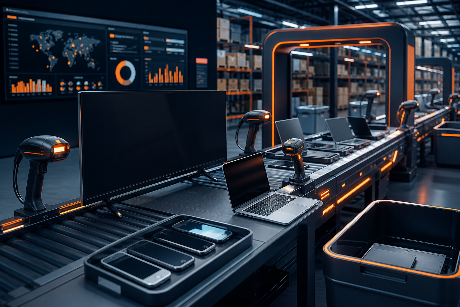 Electronics returns warehouse processing line